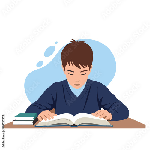 Focused student diligently studying a book on a desk with other books nearby and abstract background shapes