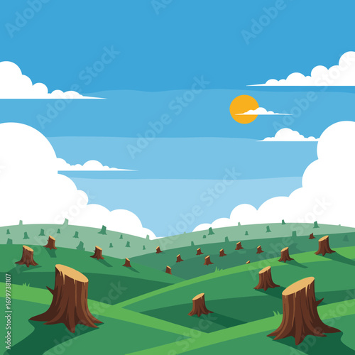 Vast green landscape dotted with numerous tree stumps under a bright sunny sky