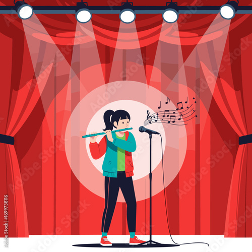A young musician plays the flute on stage with musical notes floating from her instrument near a microphone and spotlights shining down