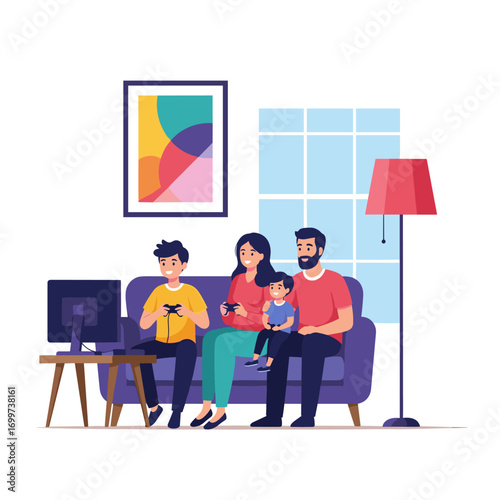 Happy family playing video games together on sofa in living room enjoying fun time activities