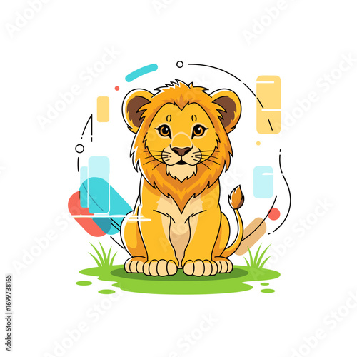 A majestic young lion sits proudly on green grass surrounded by abstract shapes and lines