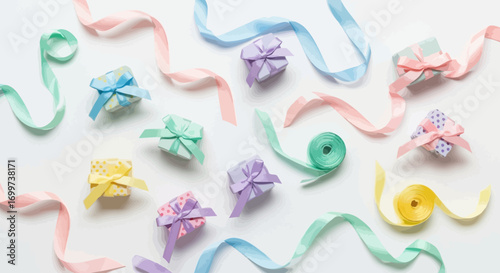 Pastel Colored Gift Boxes and Ribbons Scattered on White Background, Ideal for Birthday Celebrations, Gift Giving, and Festive Occasions