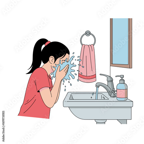 A young girl cleanses her face with water at a bathroom sink with a towel dispenser and mirror