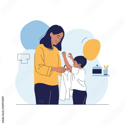 Parent helping child get dressed for the day morning routine preparation for school and activities