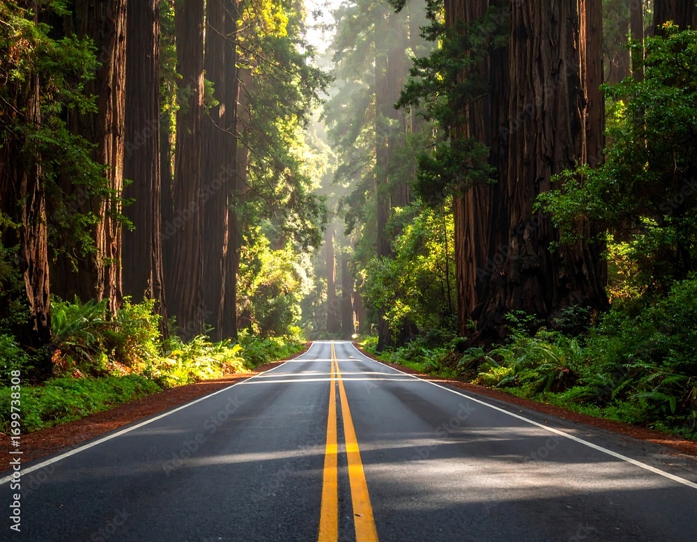 Fototapeta premium Majestic Redwood Trees Surround Paved Road, Creating Serene Landscape