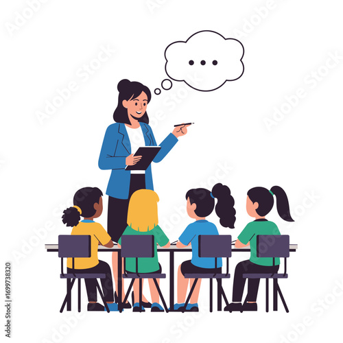 A dedicated teacher stands before a small group of attentive students gathered around a table in a classroom setting while a thought bubble above her head displays ellipses indicating contemplation