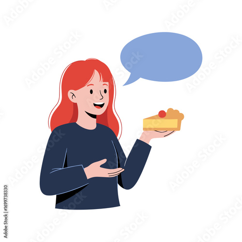 Woman happily presenting a delicious slice of freshly baked pie during a casual conversation about dessert recipes