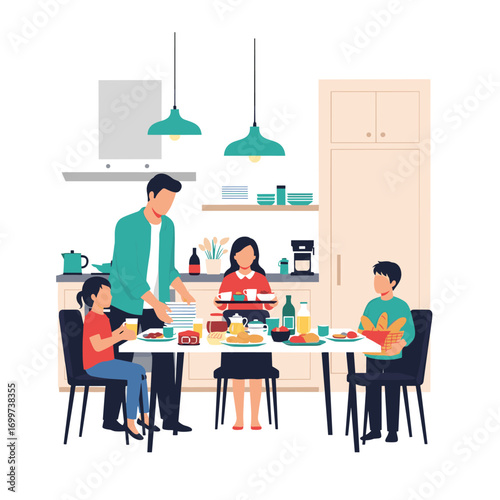 A father and his three children gather for a delicious meal together in their cozy kitchen setting