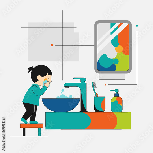 Child washing face at bathroom sink with soap and toothbrush nearby for daily hygiene routine