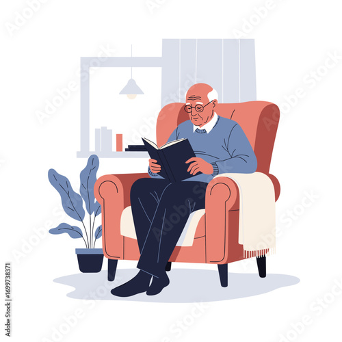 An elderly gentleman enjoys a quiet moment reading a book in a cozy armchair by the window