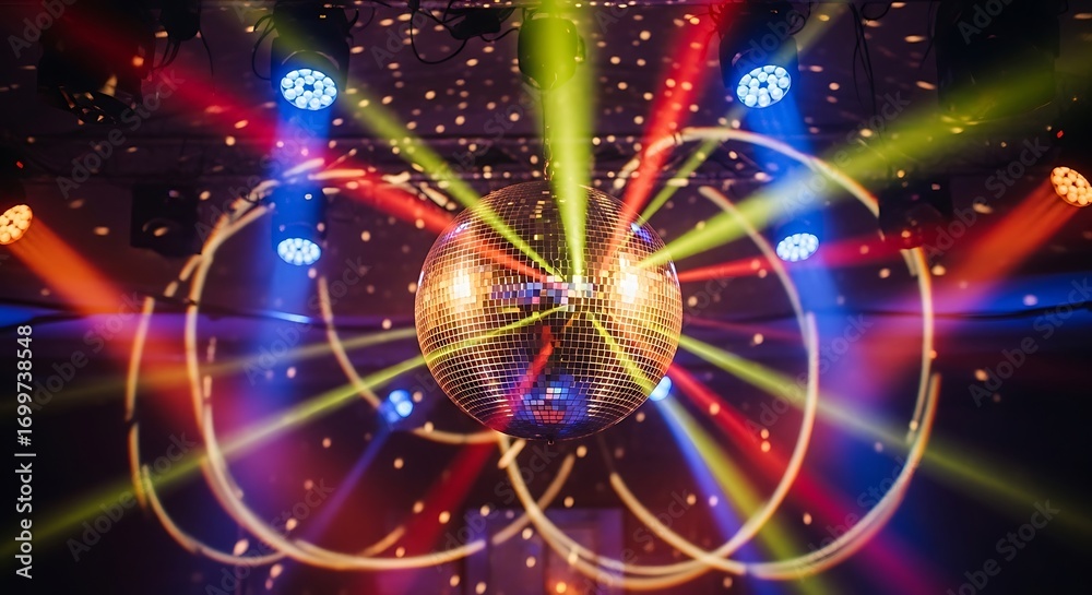 Obraz premium Shining disco ball surrounded by beams of light at a party atmosphere