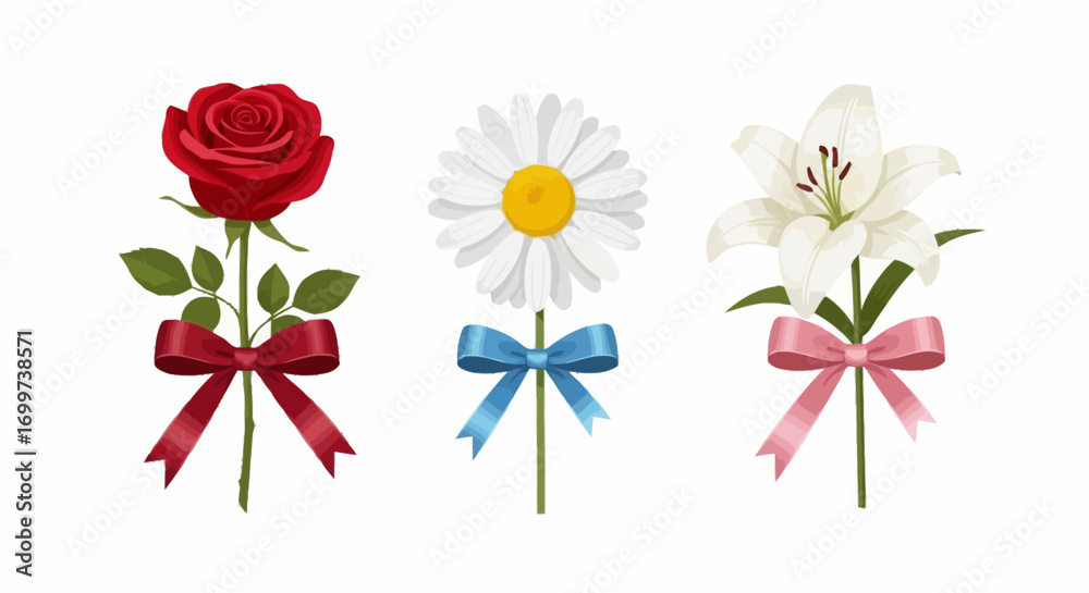 Obraz premium Elegant Floral Bouquets with Decorative Ribbons Depicting Love, Celebration, and Appreciation, Perfect for Greetings, Invitations, and Special Occasions