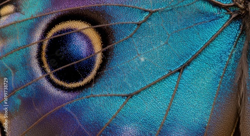Close up macro view of a vibrant iridescent blue butterfly wing showing intricate patterns and eye spot