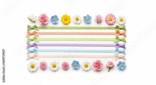 Delicate floral frame with pastel ribbons and blossoms. Ideal for wedding invitations, greeting cards, and celebratory designs.