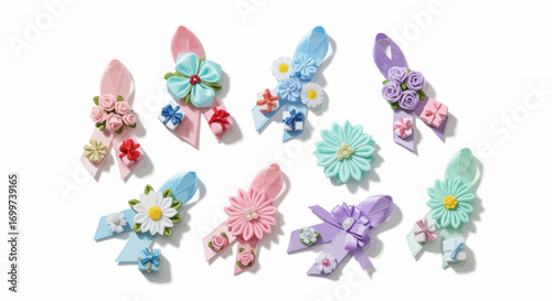 Adorable Pastel Flower Hair Accessories on White Background for Crafting, Fashion, and DIY Projects, suitable for showcasing handmade artistry or personal style.