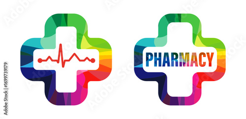 Set of creative multicolored crosses with stained glass texture and isolated clipping mask. Pharmacy logo design