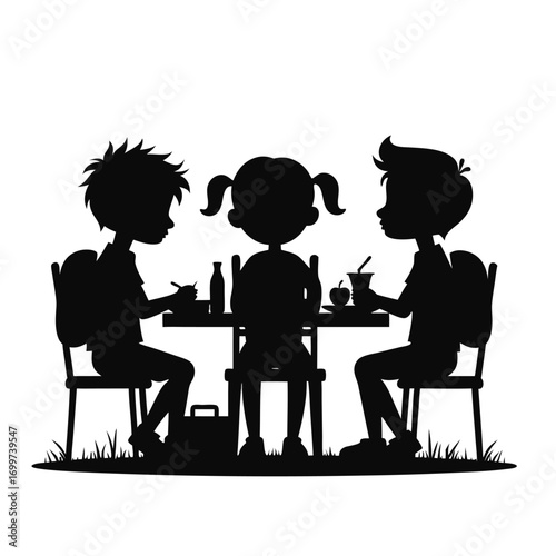 Three children eating lunch at a table with chairs silhouette
