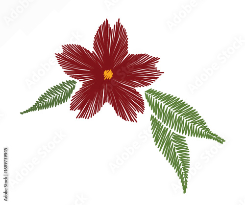 Stylized floral illustration featuring a dark red flower with a yellow center, accompanied by three green leaves.