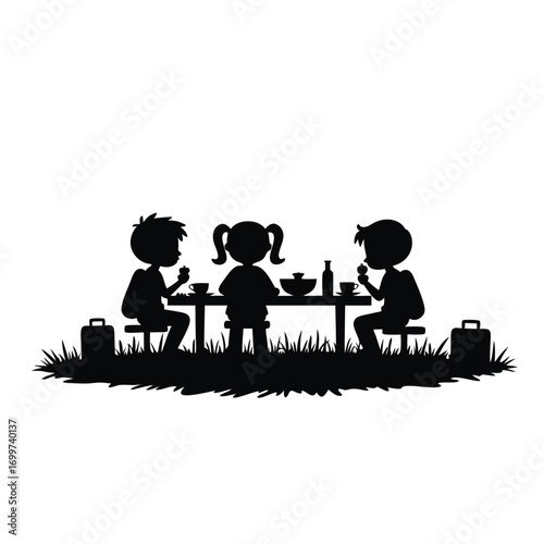 Three children enjoying a picnic lunch silhouette Keywords: children, picnic, lunch, outdoors