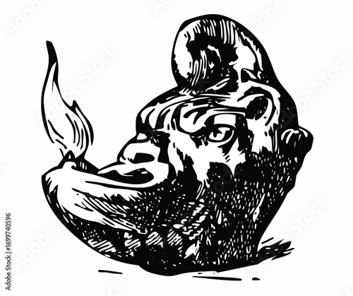 A detailed black and white illustration of a grotesque, stylized lamp.