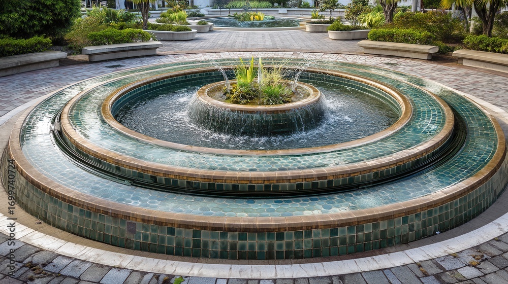 Naklejka premium Multi - Tiered Tiled Fountain in Courtyard Landscape