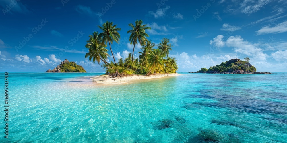 Fototapeta premium Tropical island paradise with palm trees and crystal clear turquoise waters under a bright sky
