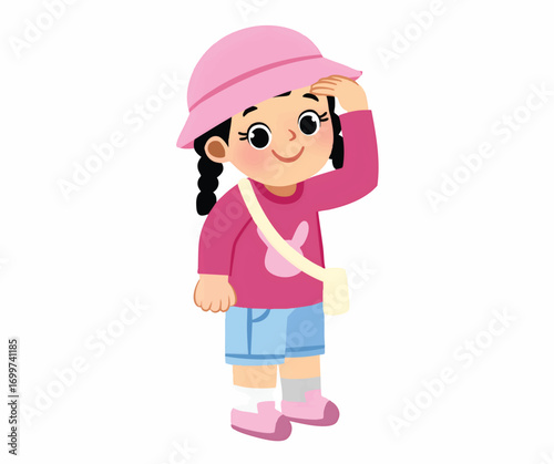 A cartoon girl wearing a pink hat and shirt, looking forward with her hand shielding her eyes.