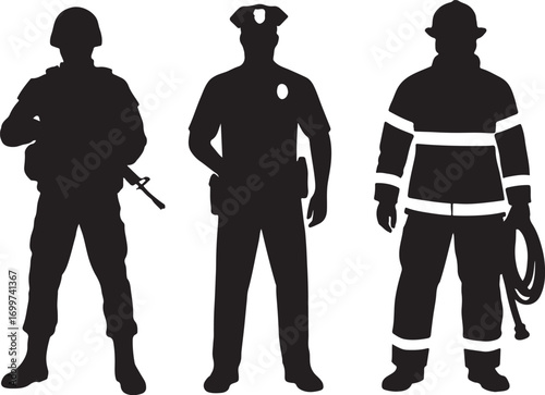 PrintSilhouettes of a soldier police officer and firefighter standing together