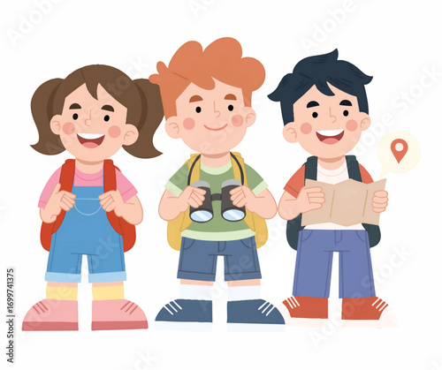 Three children, ready for an adventure, carrying backpacks, binoculars, and a map.