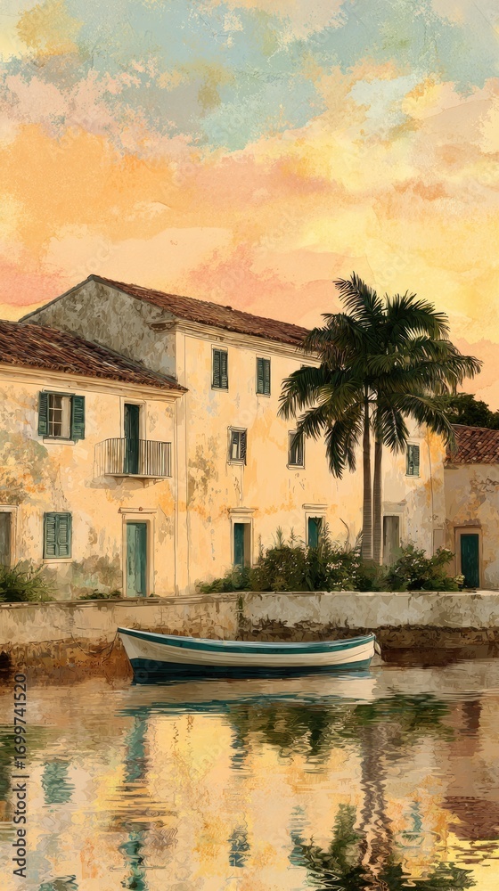 Obraz premium A tranquil scene of pastel-hued buildings lining a waterway at sunset, showcasing a small boat reflecting the warm colors of the sky.