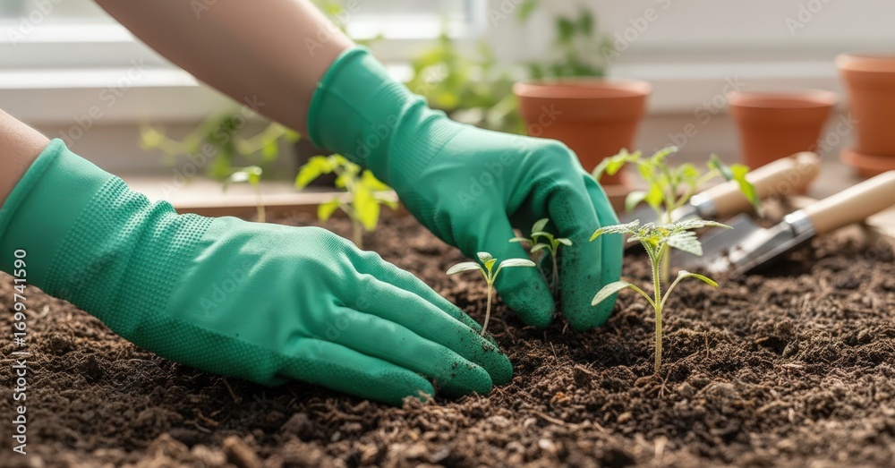 Naklejka premium Hands in green gloves planting young seedlings in rich soil indoors
