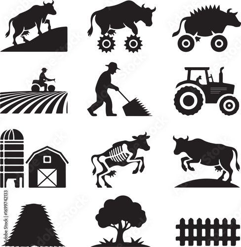 Farm and agriculture icons with cows tractors and barn Keywords: cow silhouette, bull silhouette