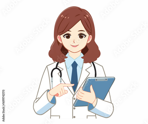 A smiling female doctor in a white coat points to a clipboard. She is wearing a stethoscope.
