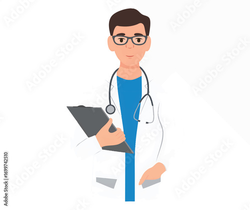 Smiling doctor in white coat holding clipboard, ready to examine patient.