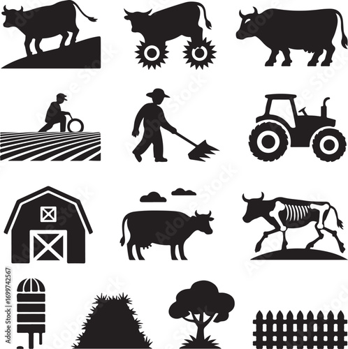 Farm and agriculture icons with cows tractors and barn Keywords: cow silhouette, bull silhouette