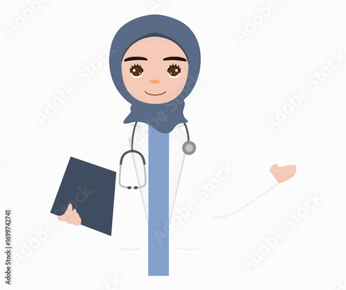 Illustration of a female doctor wearing a hijab and stethoscope, holding a clipboard, with an outstretched hand.
