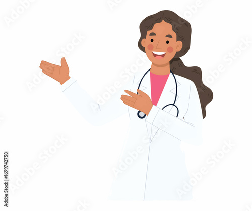 Smiling female doctor in white coat, gesturing with a welcoming presentation.