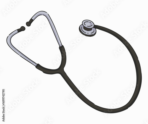 A black and silver stethoscope, medical instrument for auscultation, lies on a white background.