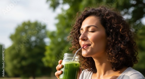 Woman enjoying a refreshing green smoothie outdoors on a sunny day