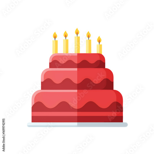 A three-layered red birthday cake with lit candles sits on a white plate.