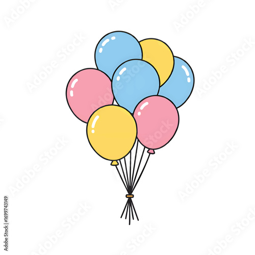 A cluster of pastel-colored balloons tied together, floating upwards.