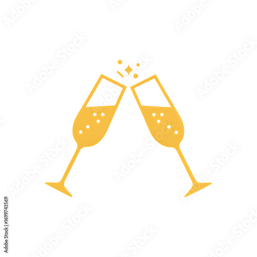 Two golden champagne flutes clinking, celebrating with sparkling bubbles.