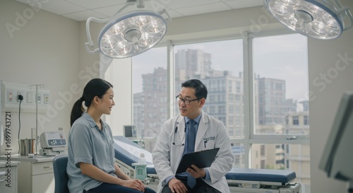 Doctor nurse and patient support and discussion at hospital for consulting, assistance discussion and doing meeting home
