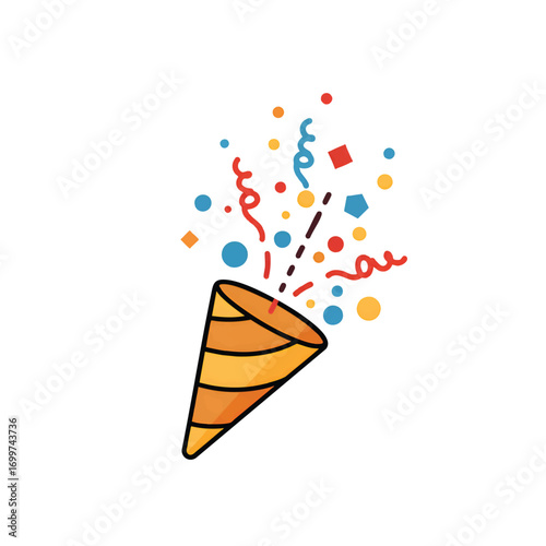 Festive party popper exploding with colorful confetti and ribbons.