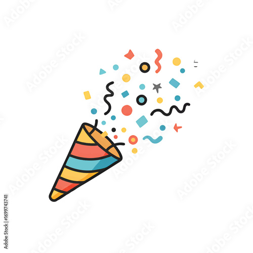 A colorful party popper explodes, releasing confetti and streamers into the air.