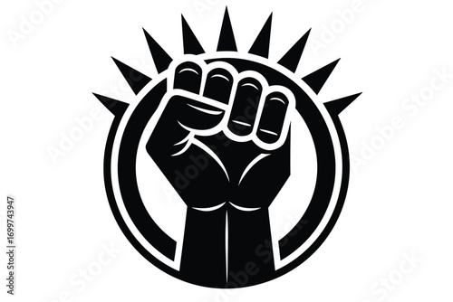 Black Fist Symbol Design with Circular and Pointed Spokes on White