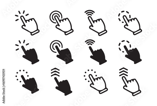 Cursor arrow icons, hand gesture and click symbols vector pack