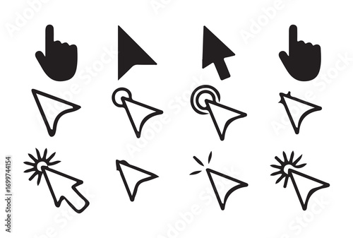 Click gesture icons, mouse arrow and finger tap vector design