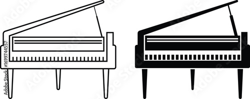 Black silhouette of upright piano icon set, isolated on transparent background. Graphic illustration. concept of musical instrument, classical music, piano recital, icon, logo, design element.