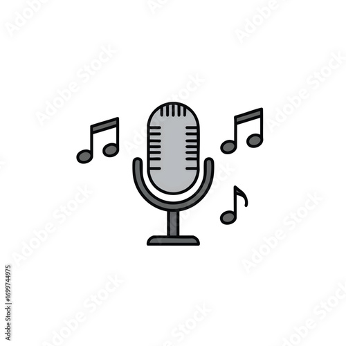 Microphone icon surrounded by music notes, suggesting audio recording, podcasting, or singing.